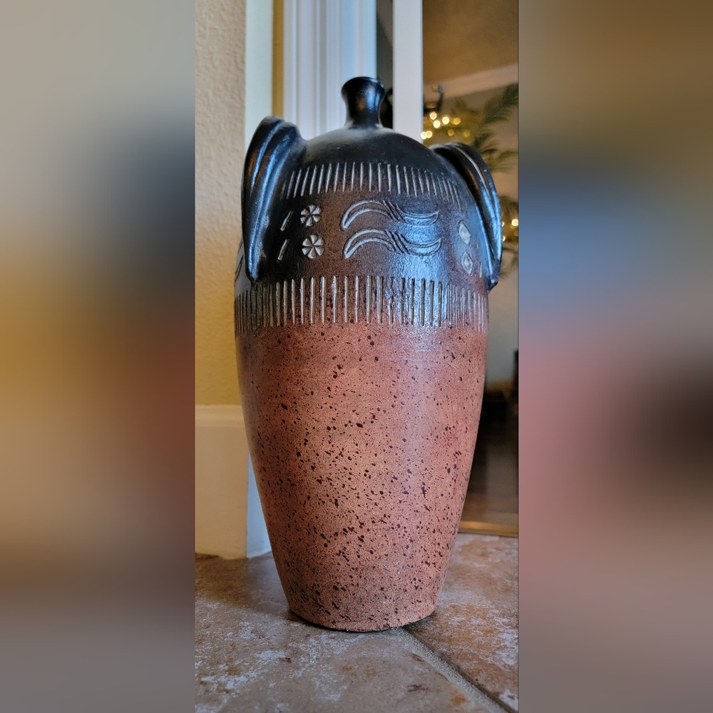 Vintage Large Studio Art Pottery Vase, Faux Handle Ceramic Stoneware Jug Amphora
